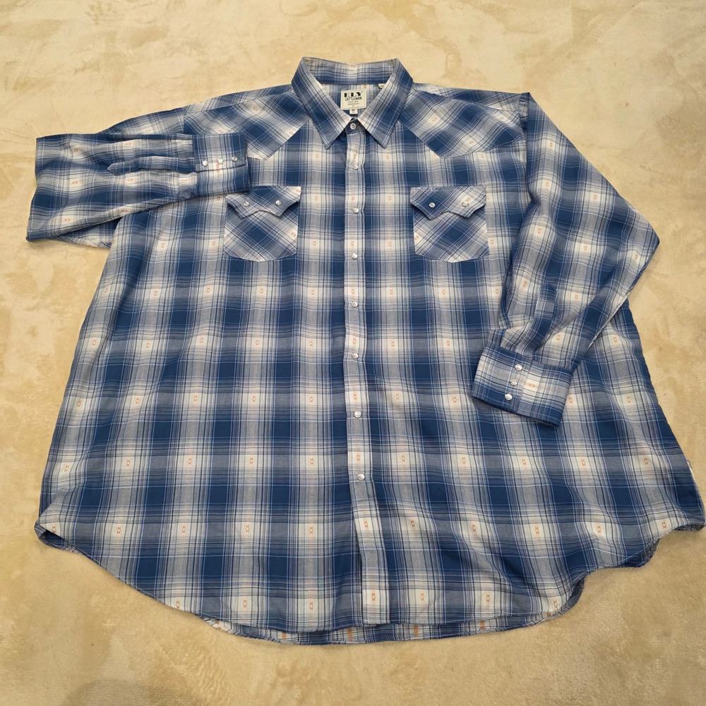 Ely Cattleman Western Shirt Mens Big 4X Blue Plaid Pearl Snap Long Sleeve Cowboy
